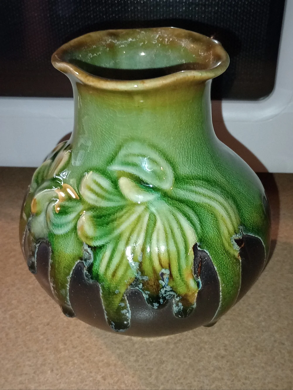 Vintage Green & Brown Floral Drip Vase 6